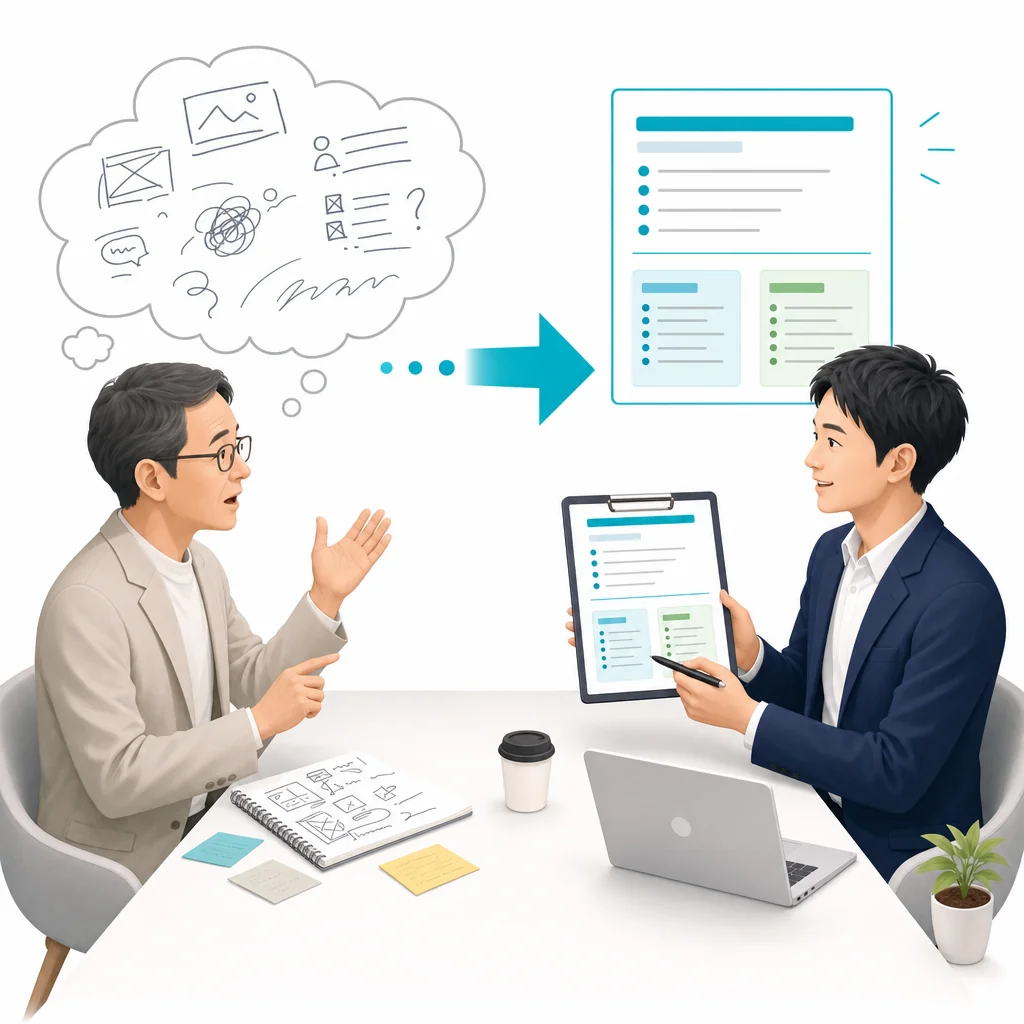 「こうしたい」という曖昧な要望を聞き出し、要件定義書の形に整理してから作ります