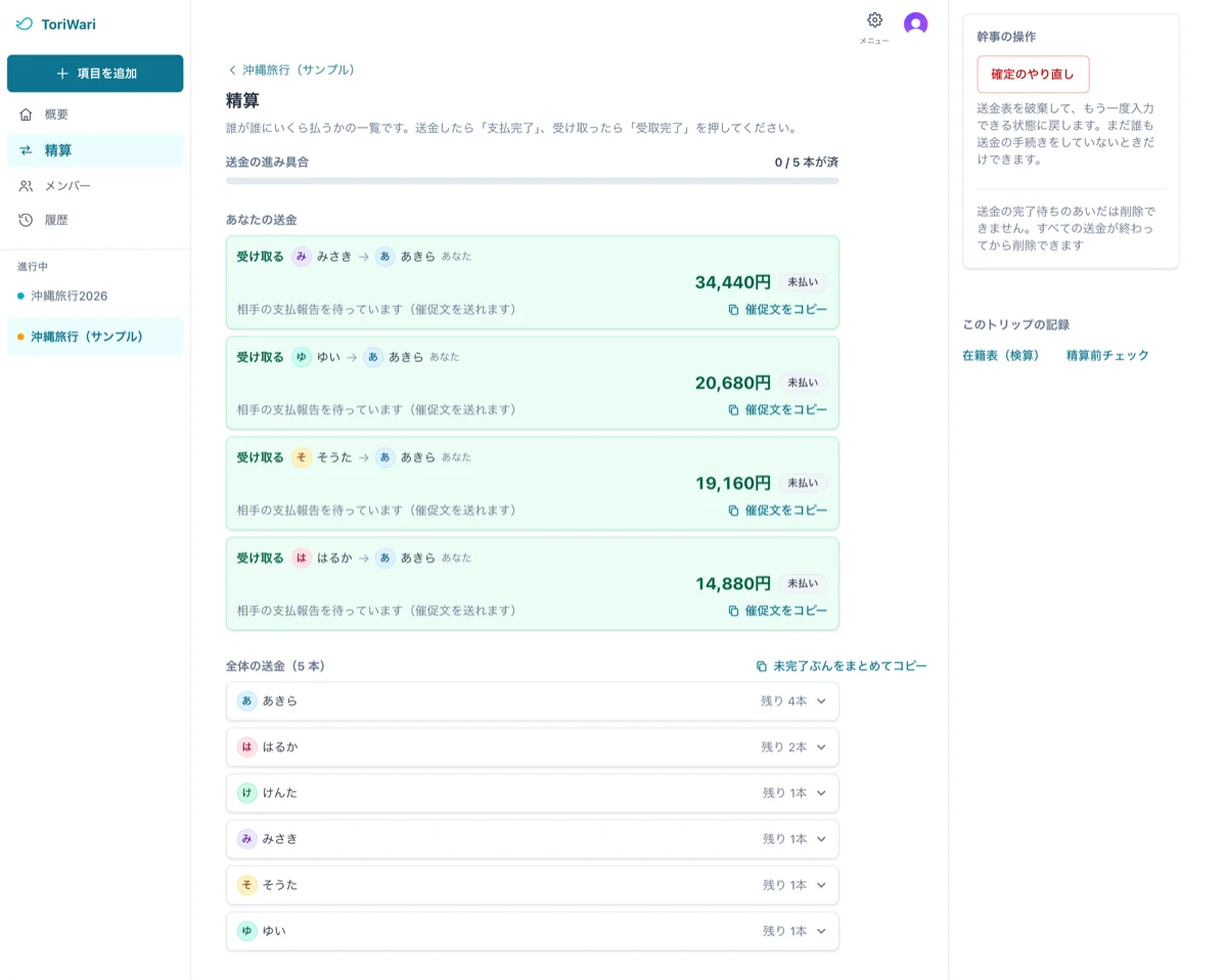 ToriWari の精算結果画面。誰が誰にいくら払うかが最小の送金本数で表示されるサンプルデータの実画面